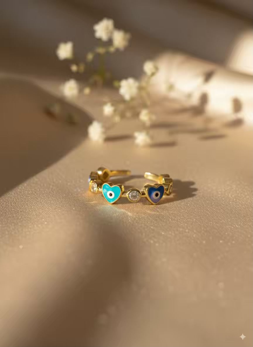 Heart Colourful Evil Eye Gold Plated Premium Ring (Adjustable)