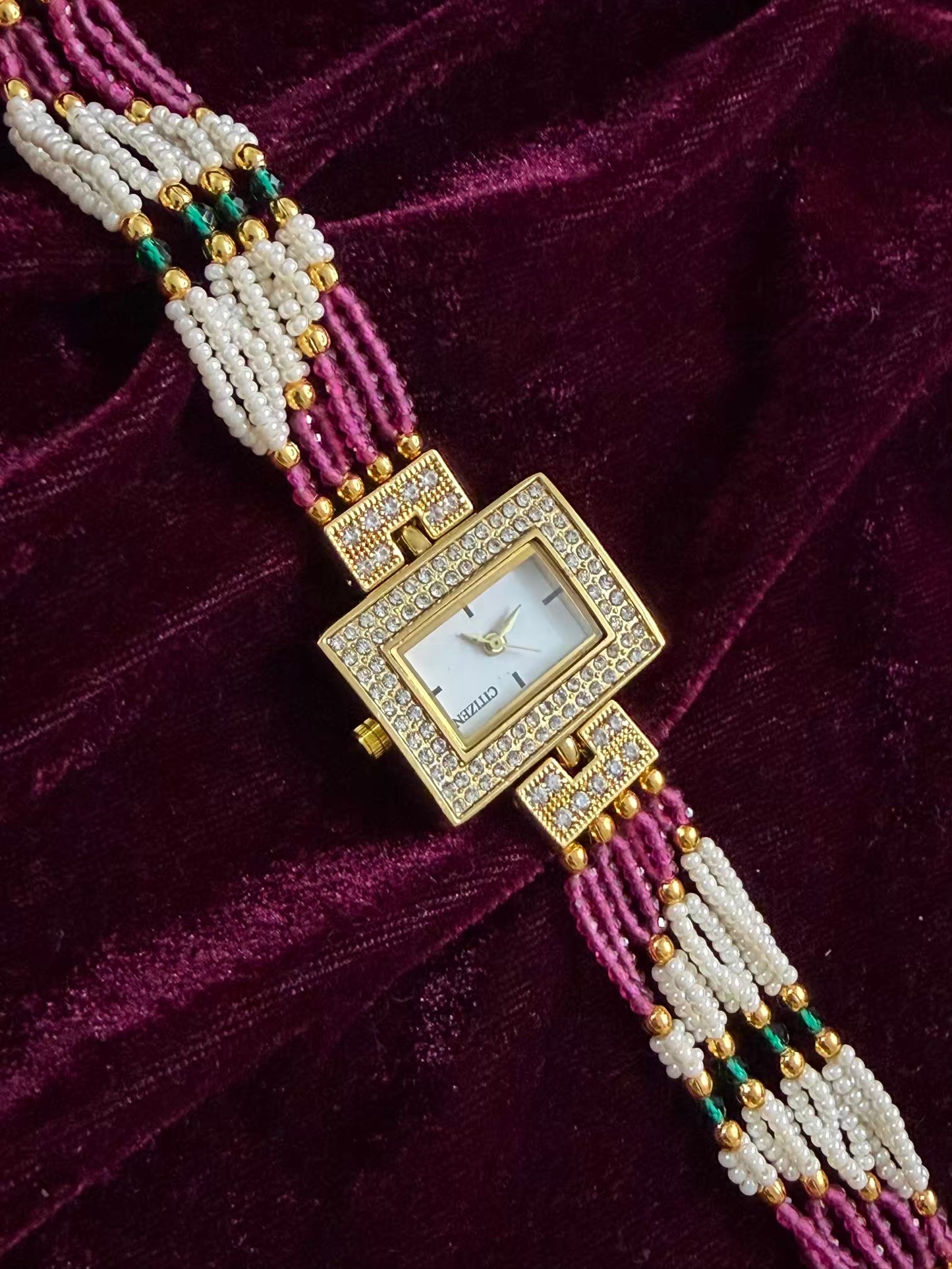 Square Dial Pink Gold Maharani Watch Design Heritage Bracelet