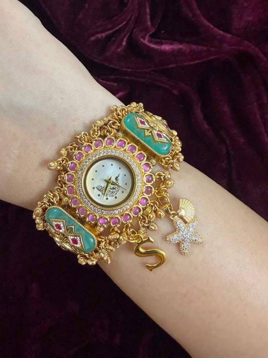 Pink Butterfly Peacock Dial Maharani Watch Heritage Bracelet ( Add your initial FREE )