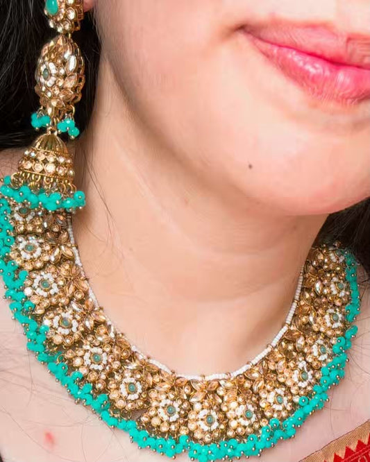 Premium Victorian Turquoise Blue Cyan Set of Necklace , Earrings and Maang Tika
