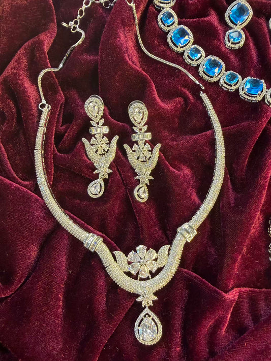 Silver Floral Drop Statement Necklace Set