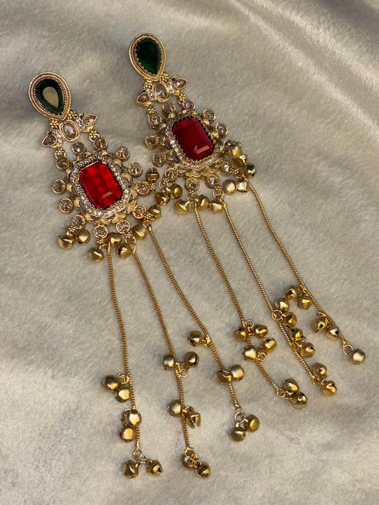 Green Red Ruby Kashmiri Brass Premium Plated Ghungroo Earrings
