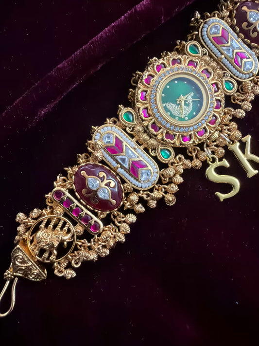 Green Peacock Dial  Maharani Kundan Watch Design Heritage Bracelet