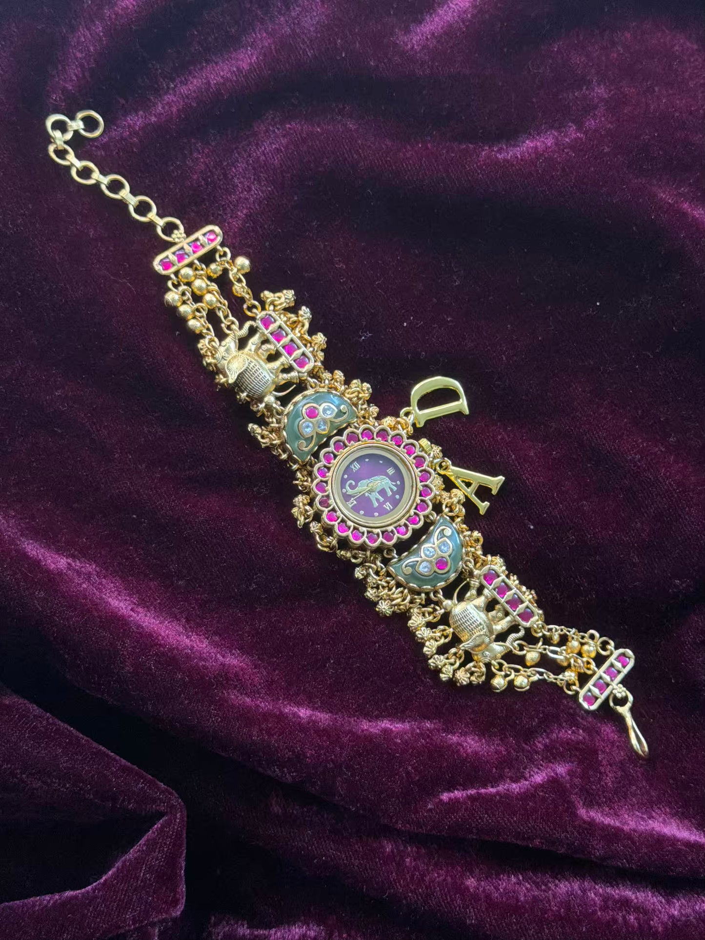 Green in Burgundy Dial Half Moon Maharani Watch Design Bracelet