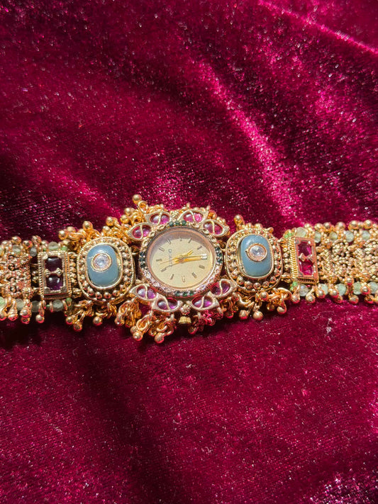 Queen Temple Motif Ruby Kundan Gold Plated Heritage Maharani Watch