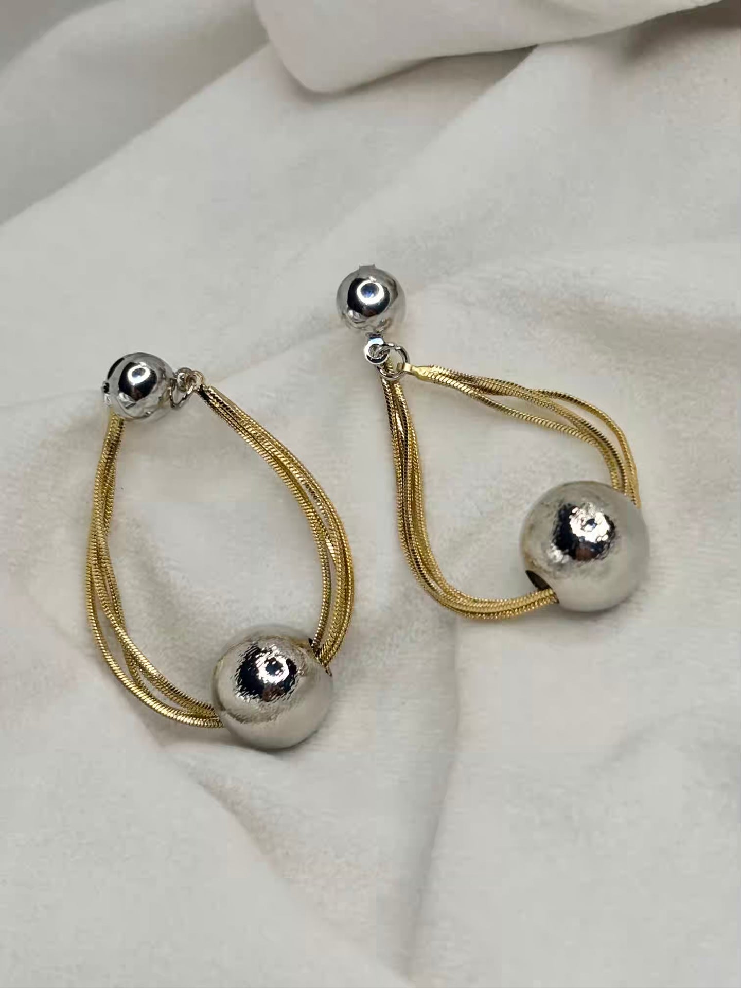 Silver Ball Pearls Hanging Earrings Studs - Silver Plated