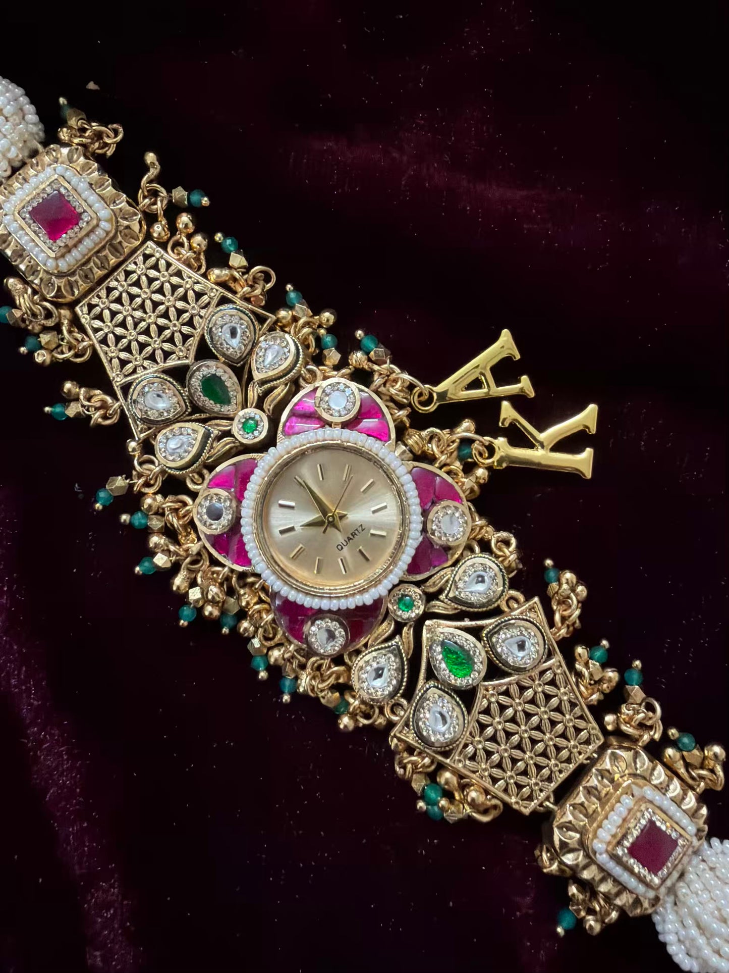 New Launch Kundan Floral Premium Gold Maharani Watch Design Heritage Bracelet ( Initials will be customised )