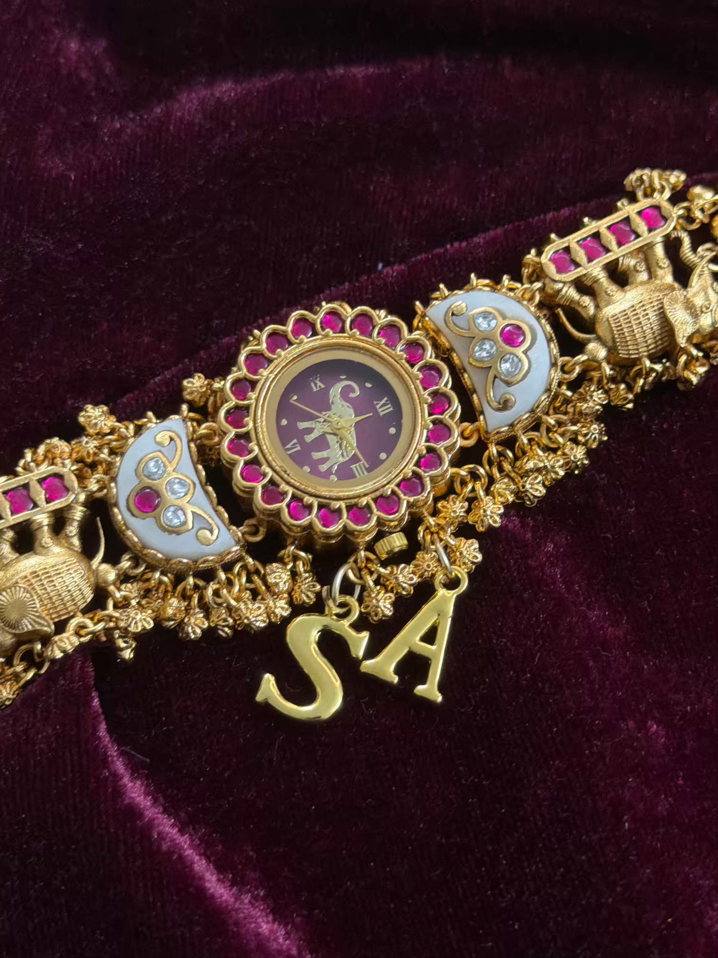 Green in Burgundy Dial Half Moon Maharani Watch Design Bracelet