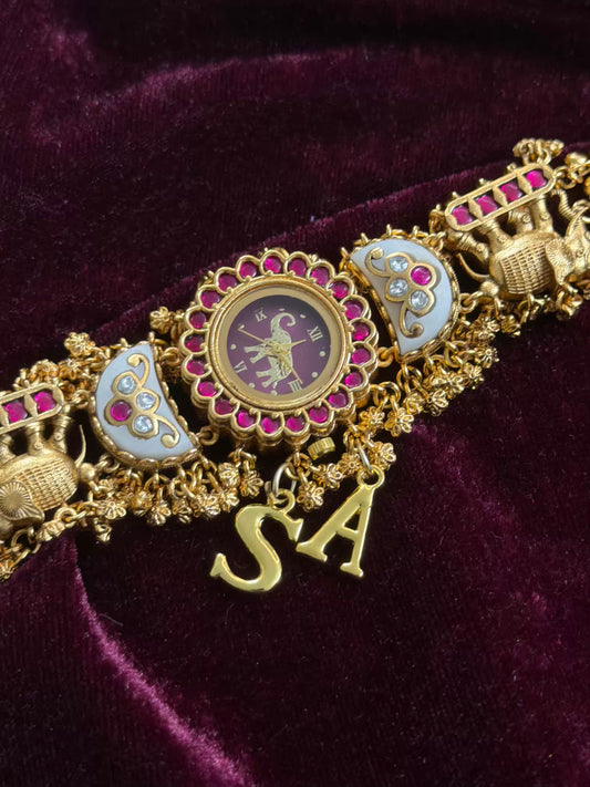 Green in Burgundy Dial Half Moon Maharani Watch Design Bracelet