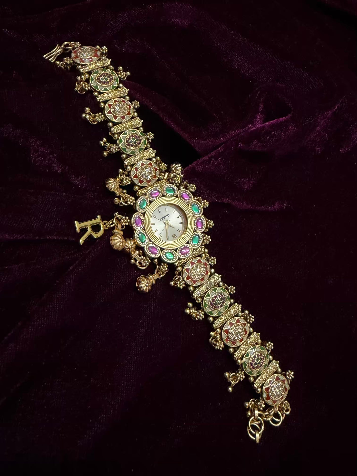 Premium Meenakari Lavender Emerald Heritage Watch Rakhi with Pastel Enamel (Free Initial)