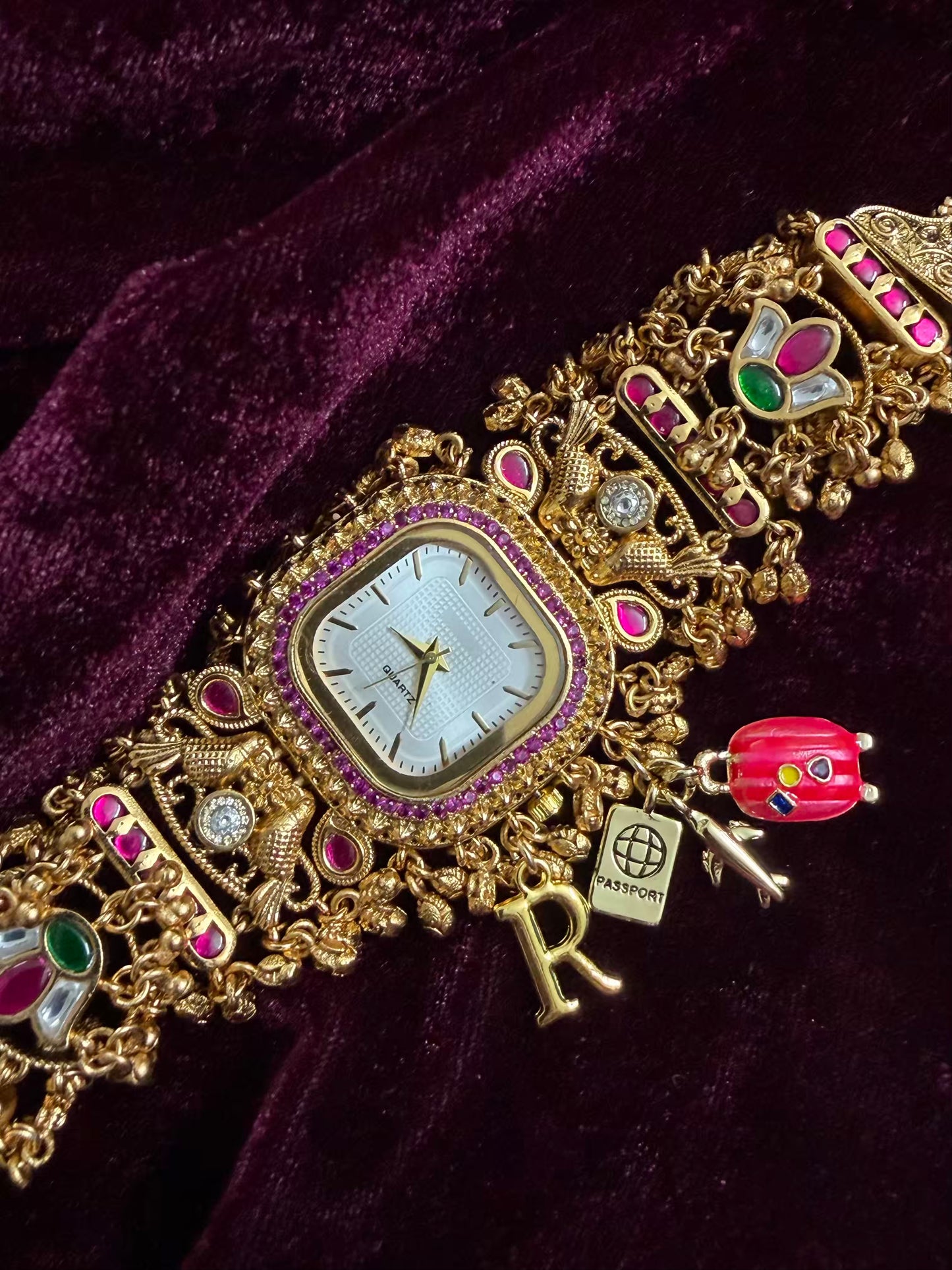 Square Dial Maharani Watch Heritage Bracelet with Puffy Trolley and Passport ( Add your initial FREE )
