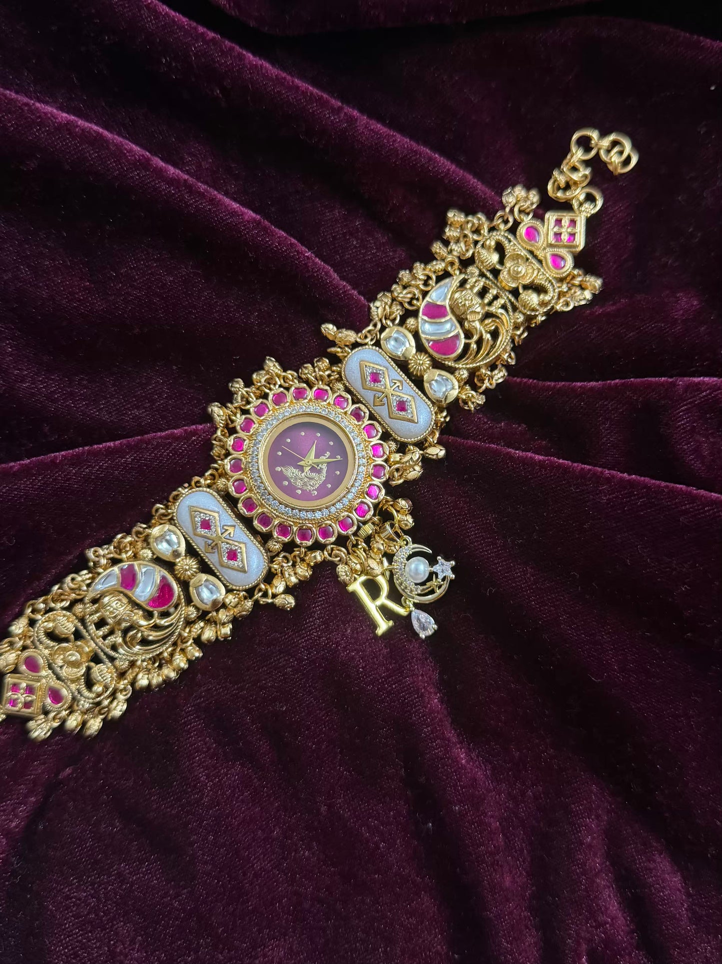 Burgundy Peacock Dial Maharani Watch Heritage Bracelet ( Add your initial FREE )