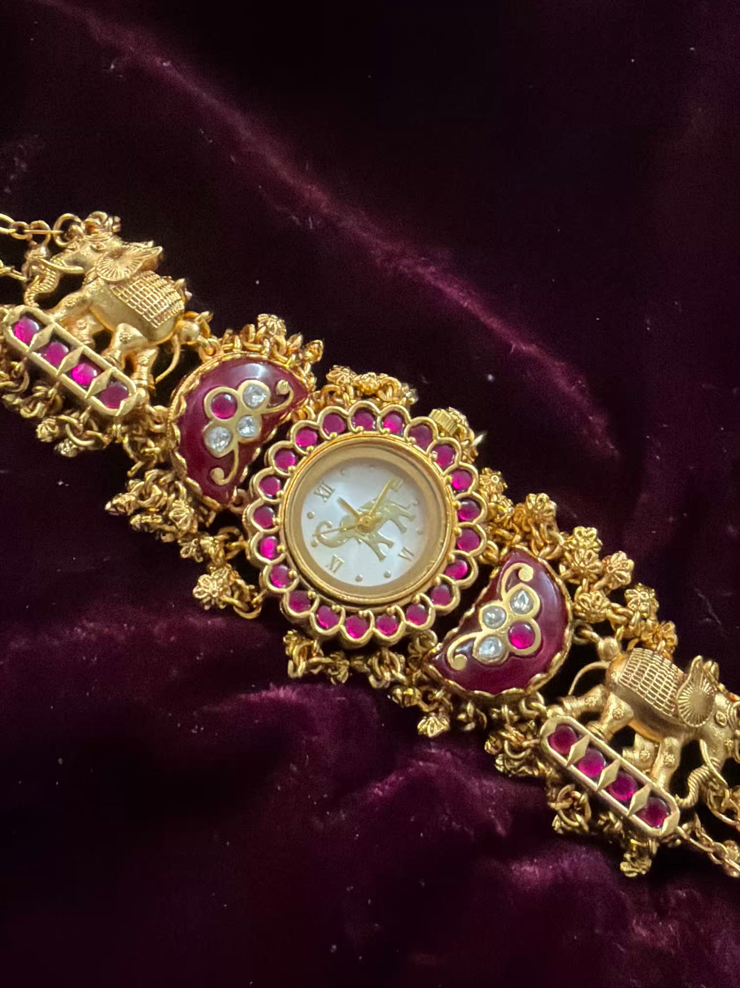 Green in Burgundy Dial Half Moon Maharani Watch Design Bracelet