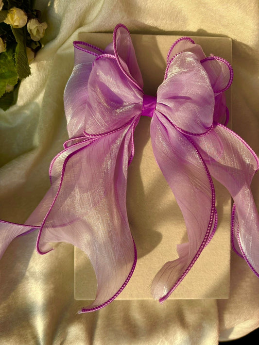 Layered Princess Hair Bow Clip For Women ( Lilac Light Purple Netted )