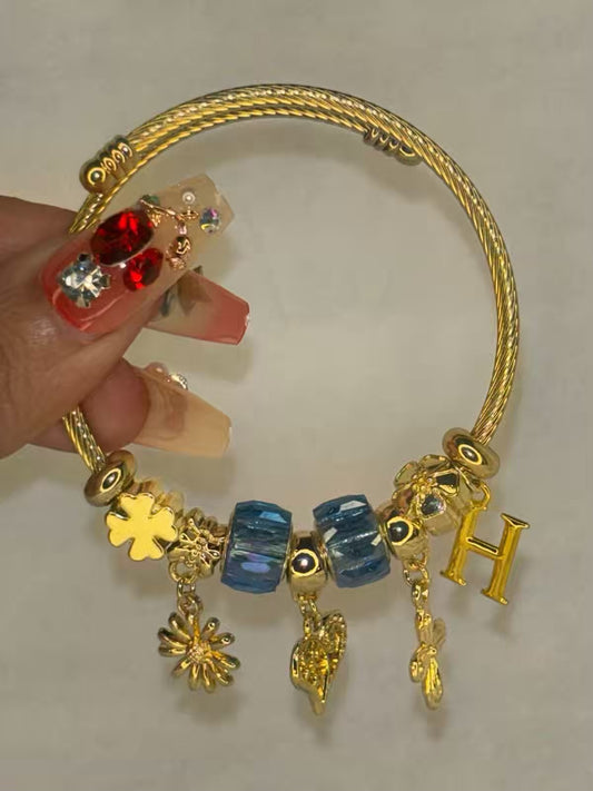 Pandora Charms Blue Sunflower Bracelet With Customised Initial  ( Gold )