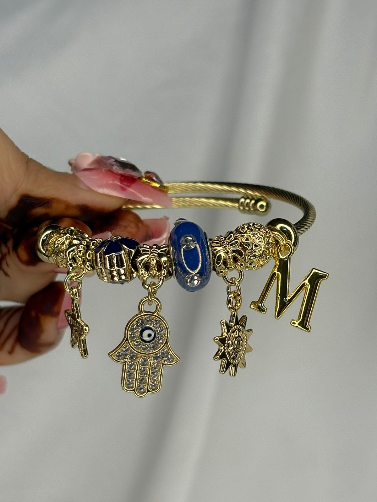 Pandora Charms Blue Hamsa Bracelet With Customised Initial (Gold)