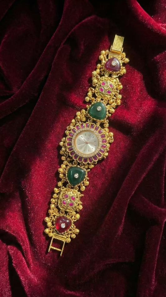 Emerald Green Red Ruby Shahi Round Dial Maharani Watch Heritage Bracelet (Partial COD 200₹)
