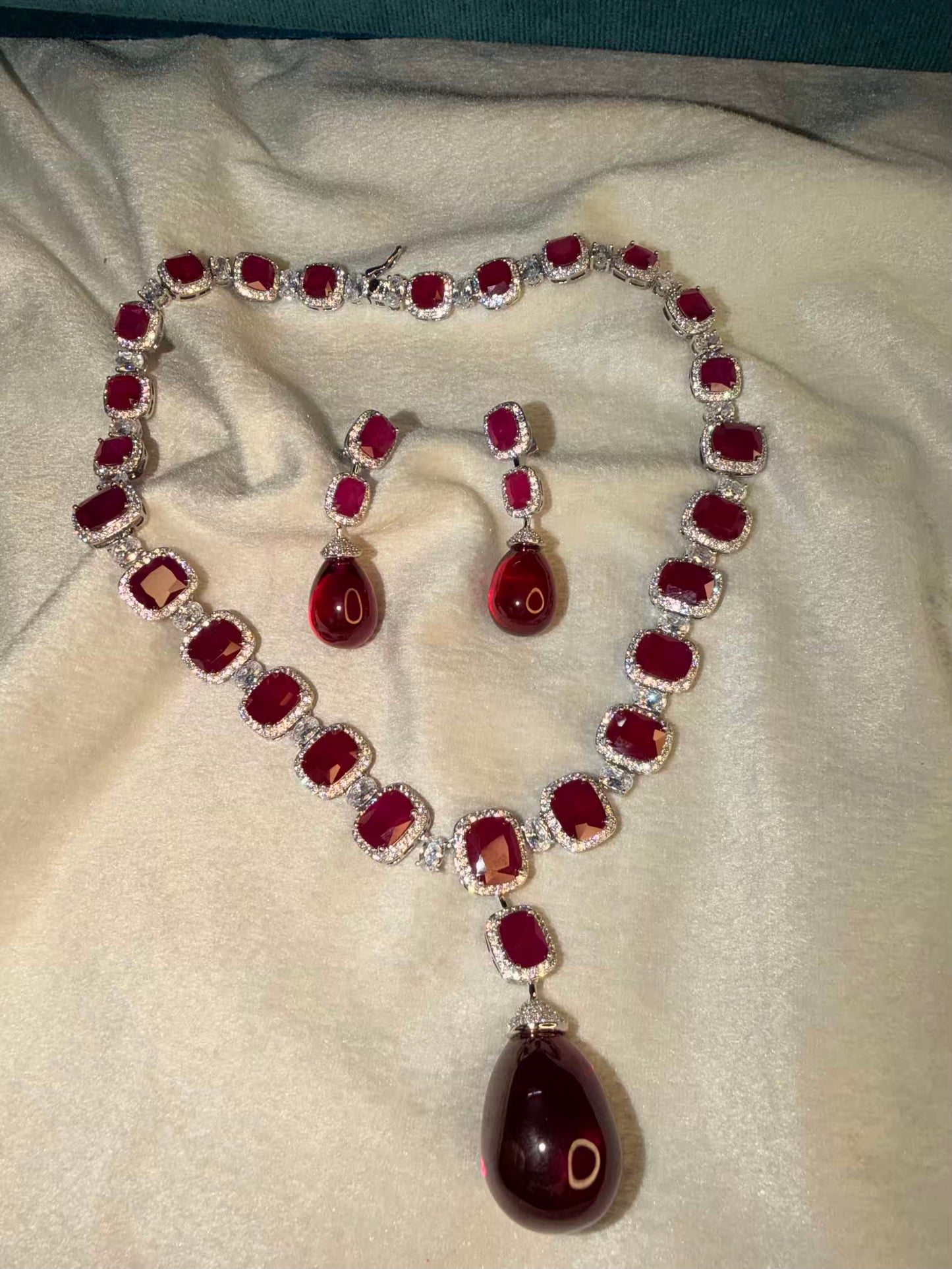 Nita Ambani Inspired Ruby 100 carats Replica Solitaire Rhodium Silver Necklace ( Open Delivery Available in Mumbai / Thane )( Prepaid / Partial COD )