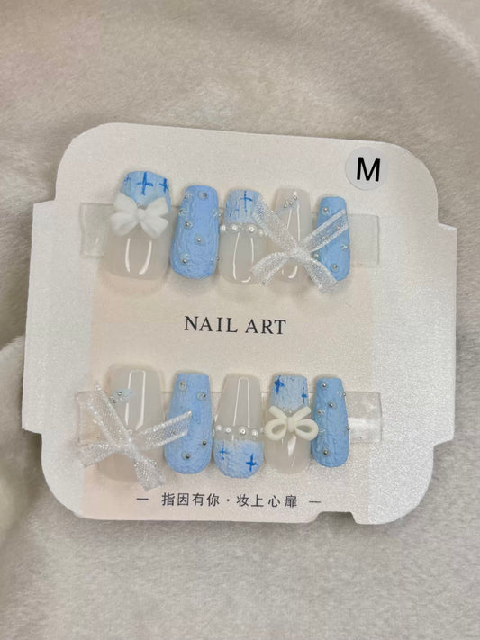 Acrylic Premium Blue Soft Bow Fancy Party Press On Nails ( Set of 10 )