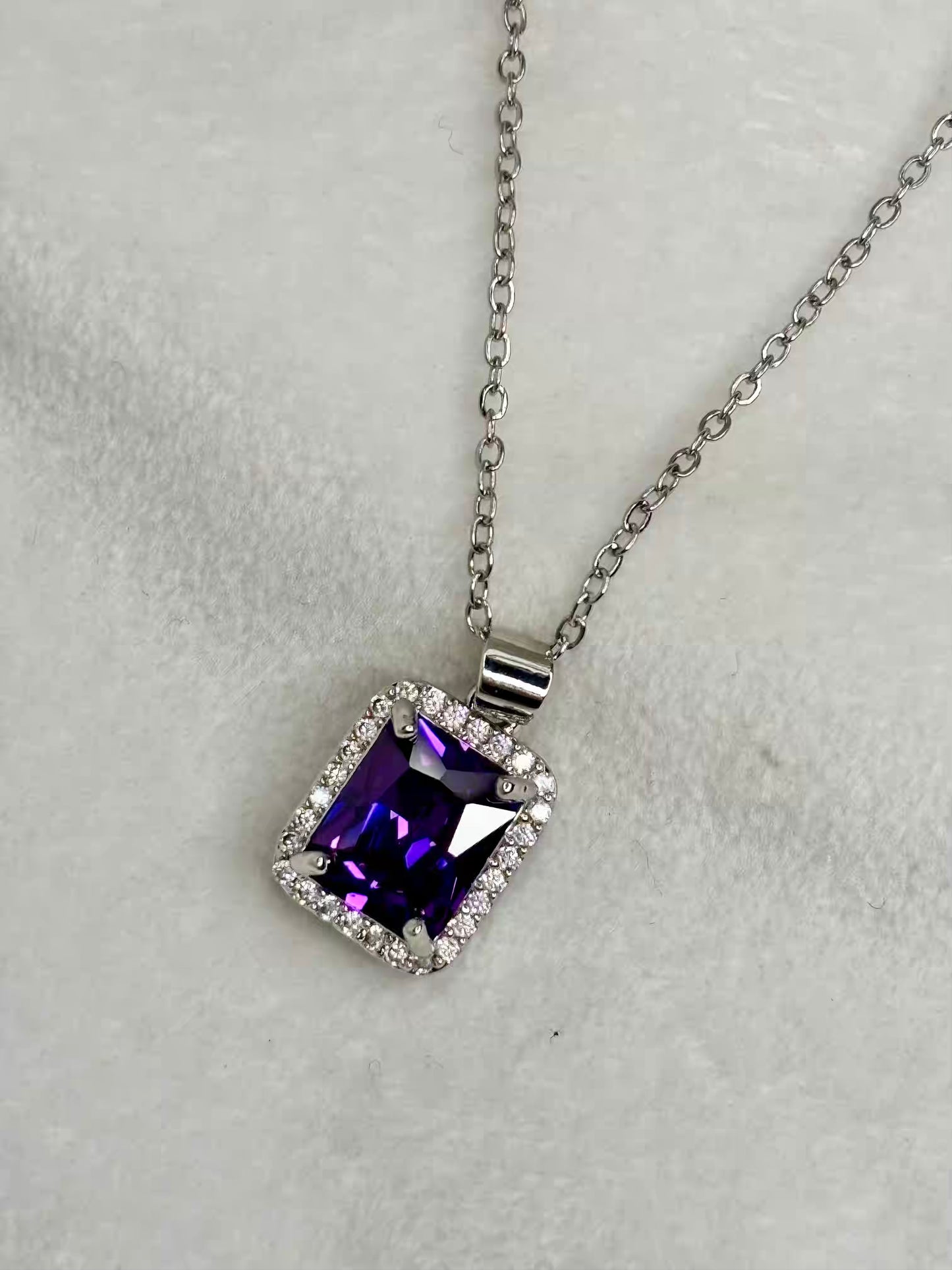 Purple Amethyst Diamond Necklace Ear Studs Set - Silver Plated