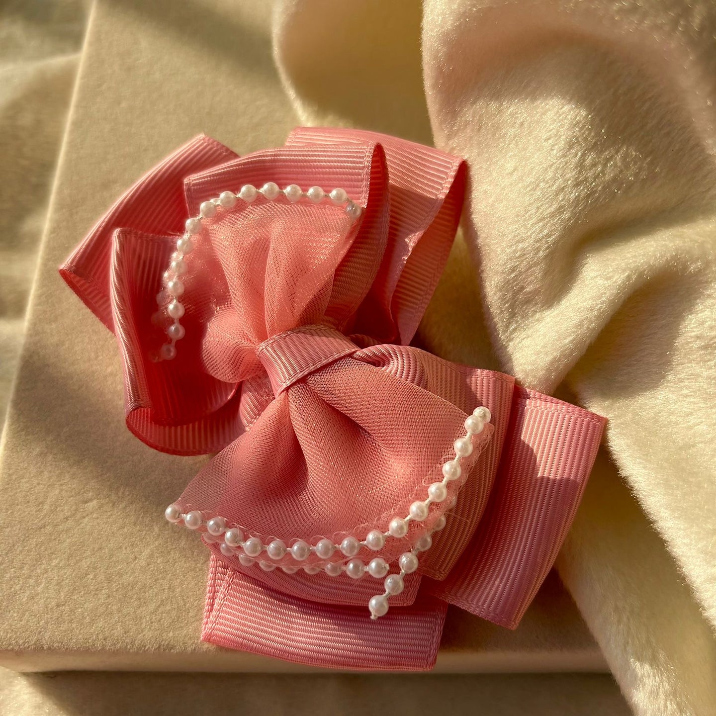 Baby Double Hair Bow Clip For Women - Peach ( Ribboned And Netted)