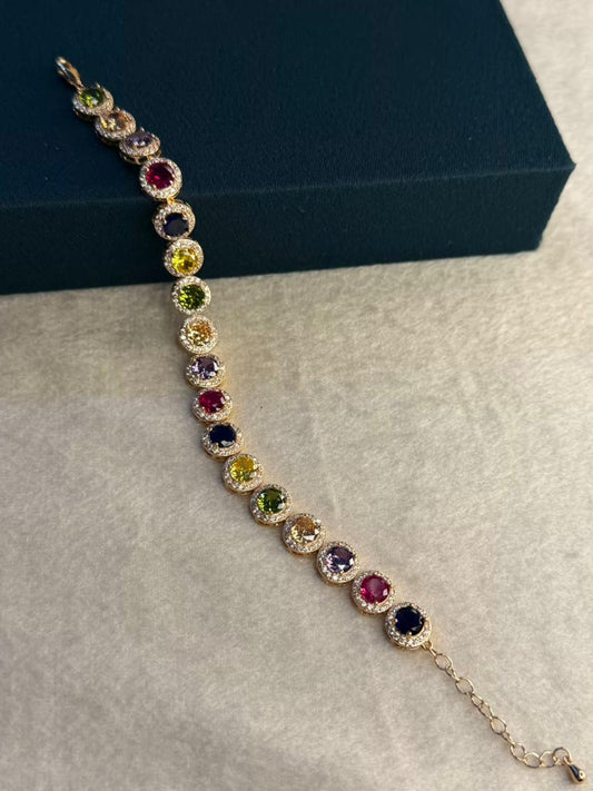 Multicolour Round Shape Stones Rose Gold Plated Tennis Bracelet