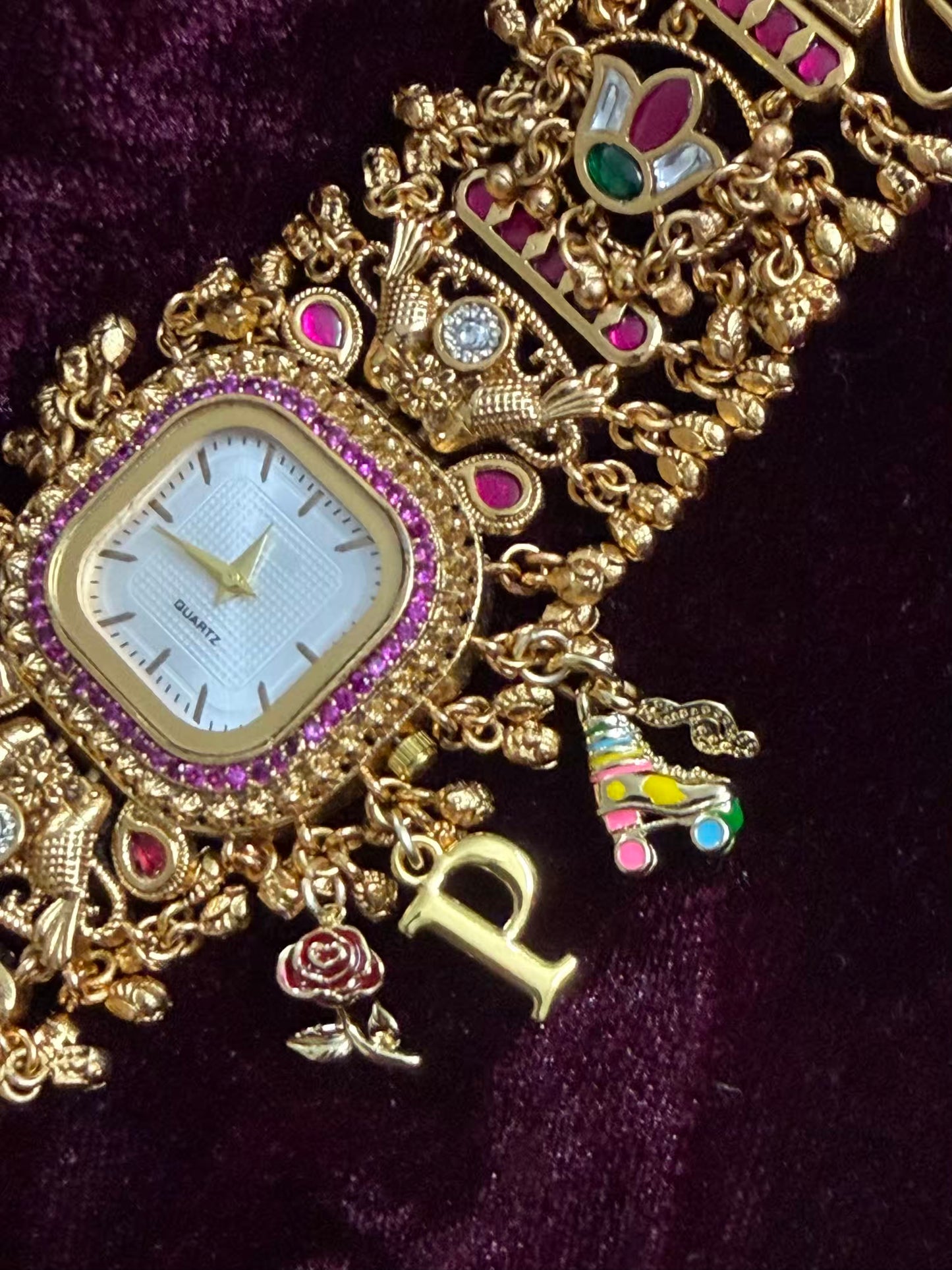 Square Dial Maharani Watch Heritage Bracelet with Skates and Rose ( Add your initial FREE )