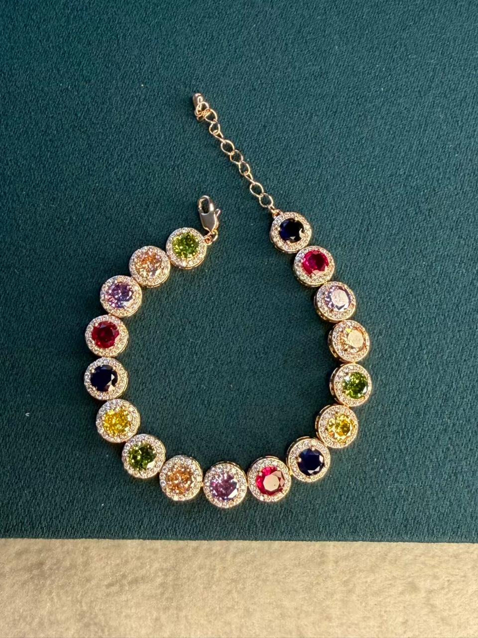 Multicolour Round Shape Stones Rose Gold Plated Tennis Bracelet