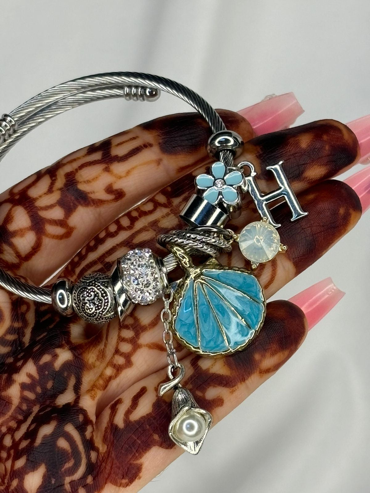 Pandora Charms Metallic Blue Shell Charms Bracelet With Customised Initial (Gold)
