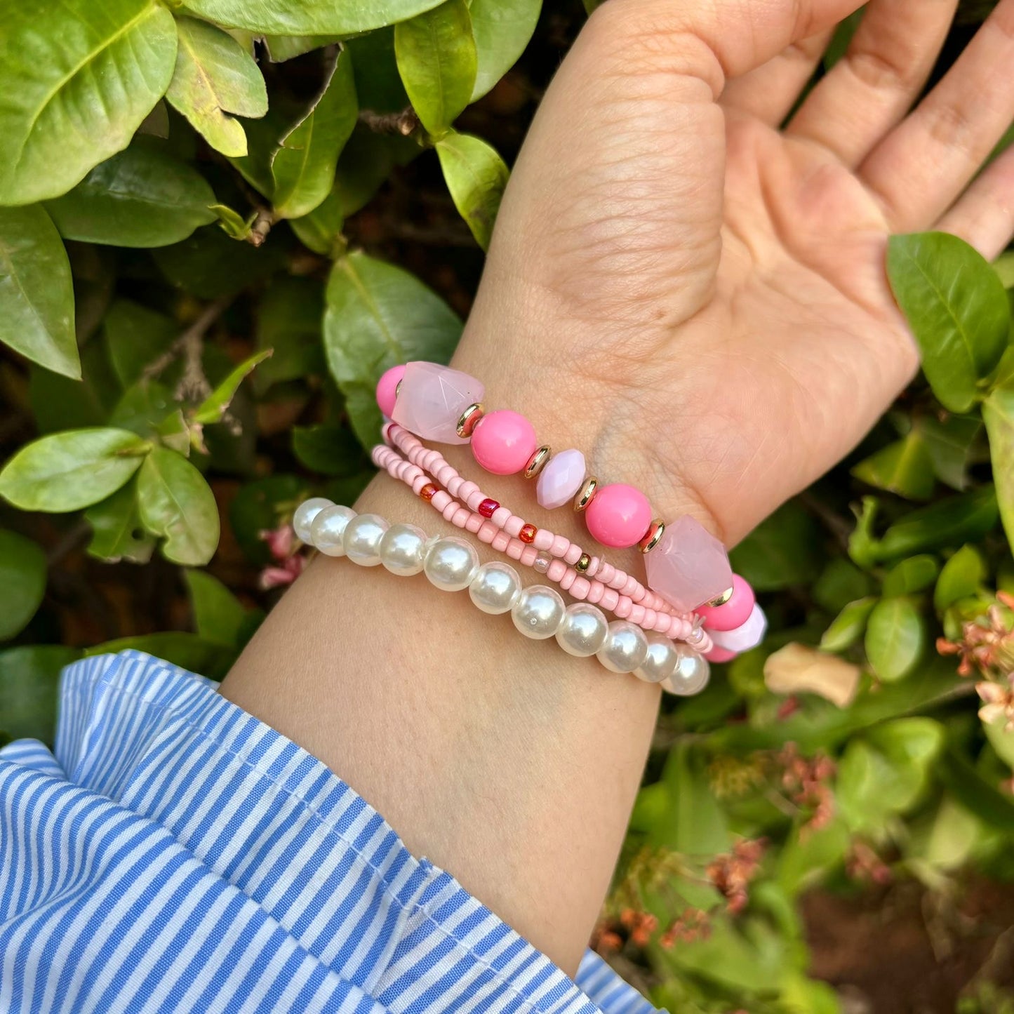 Fuscia Pink Blush Pearl Beaded Stack Elastic Bracelet With Customised Initial ( Gold )
