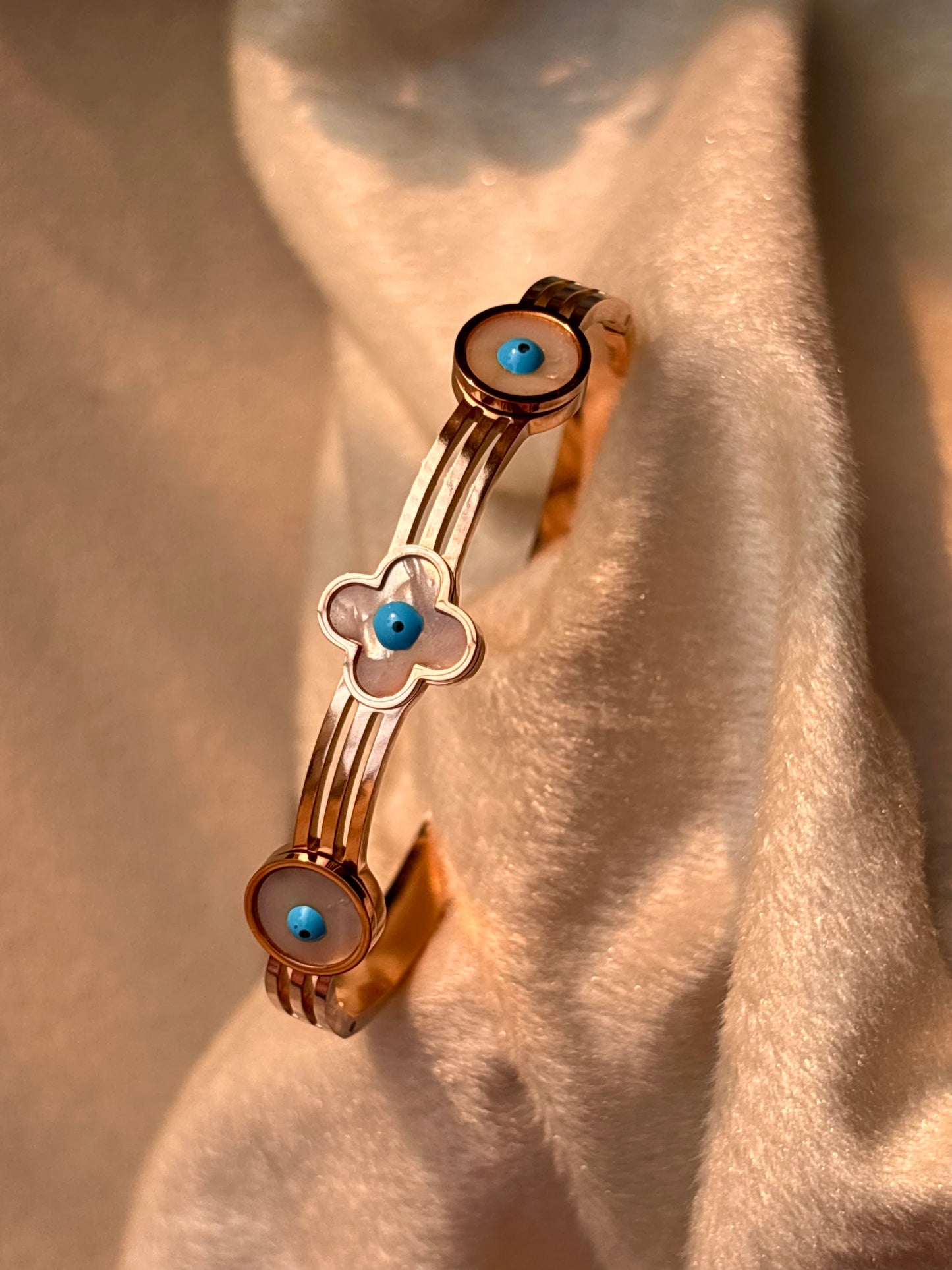Clover Evil Eye Kada Bracelet Bangle - Rose Gold
