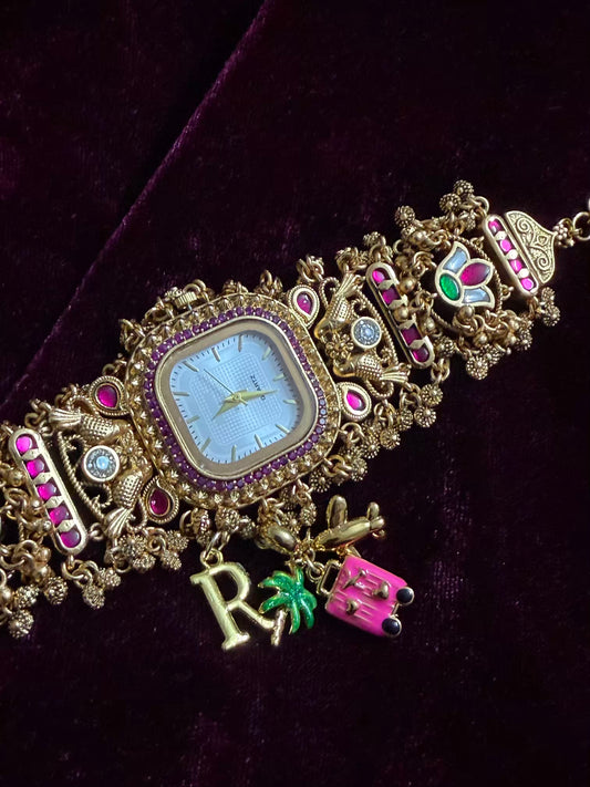 Square Dial Maharani Watch Heritage Bracelet with Charms