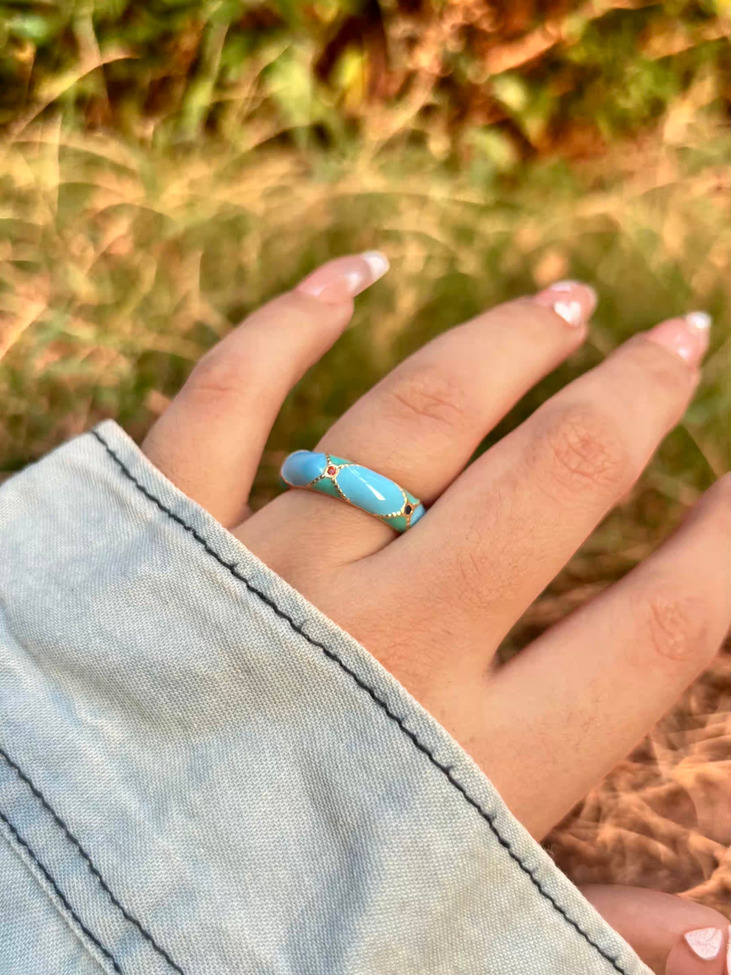 Blue Green Criss Cross Band Ring - Adjustable