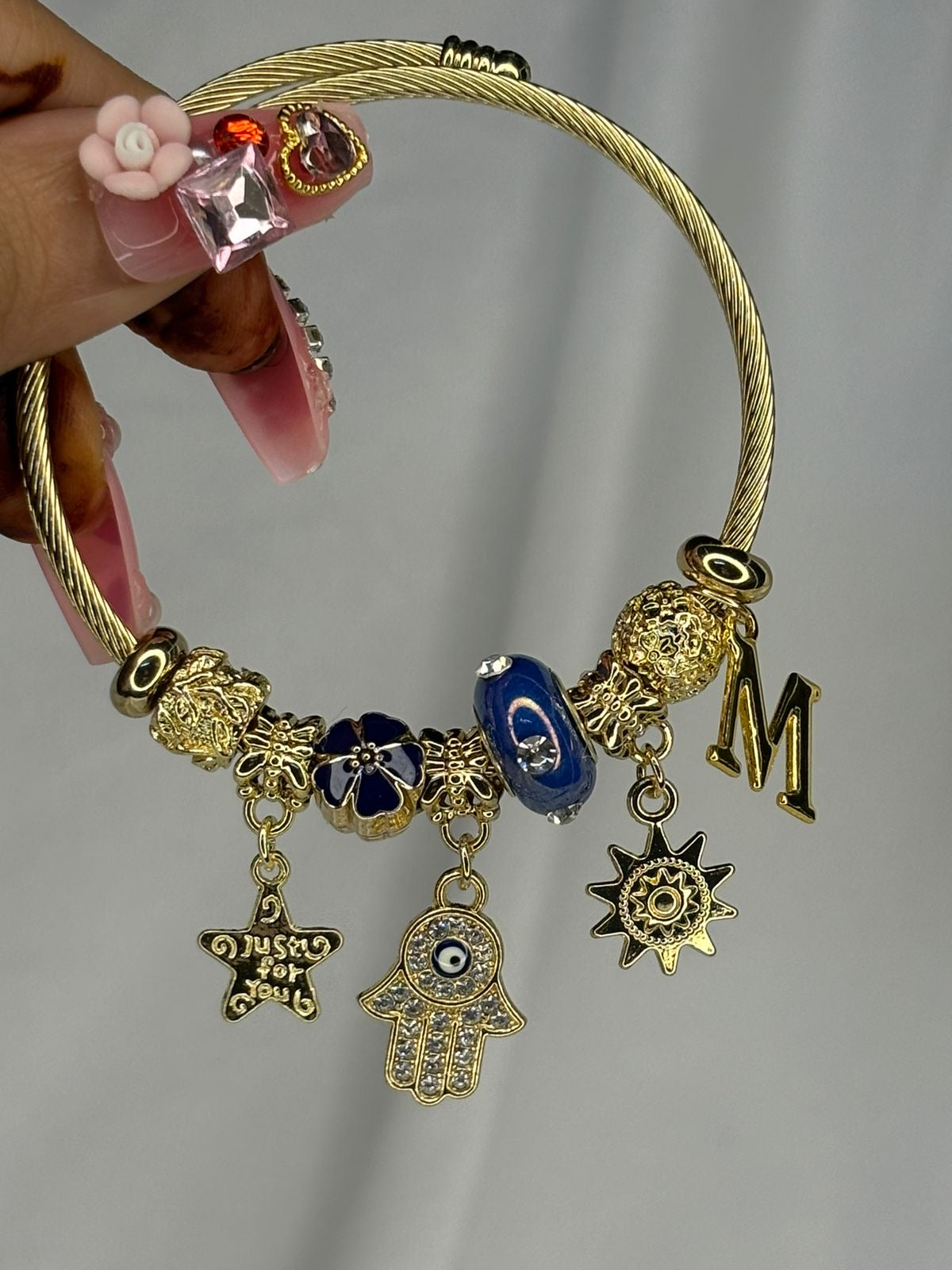 Pandora Charms Blue Hamsa Bracelet With Customised Initial (Gold)