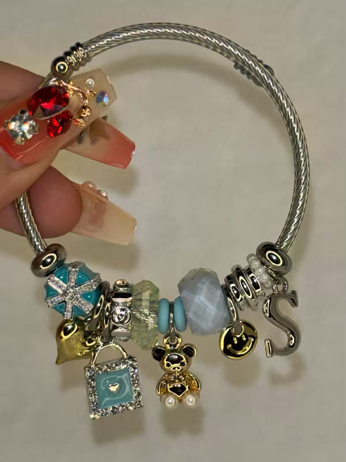 Pandora Charms Blue Gift Birthday Teddy Bracelet With Customised Initial  ( Silver )