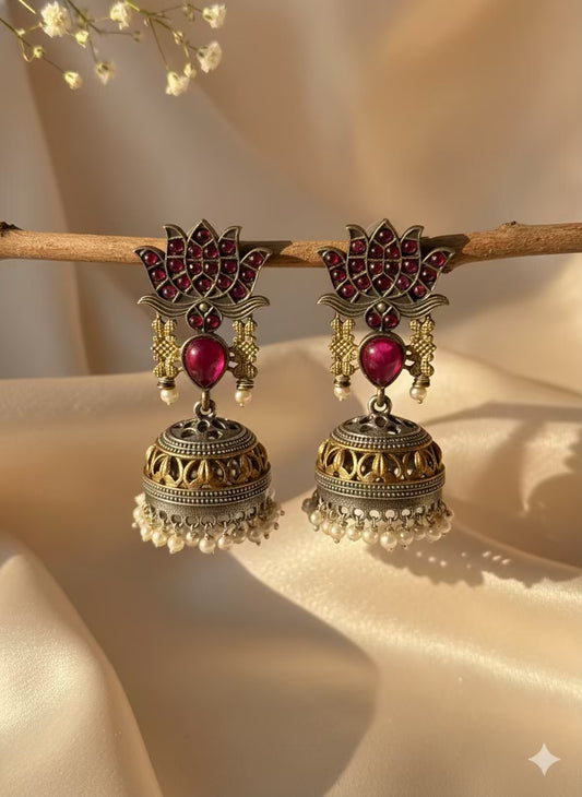 Lotus Pink Ruby Stones Premium Oxidised Jhumka Pearls Silver Plated Earrings