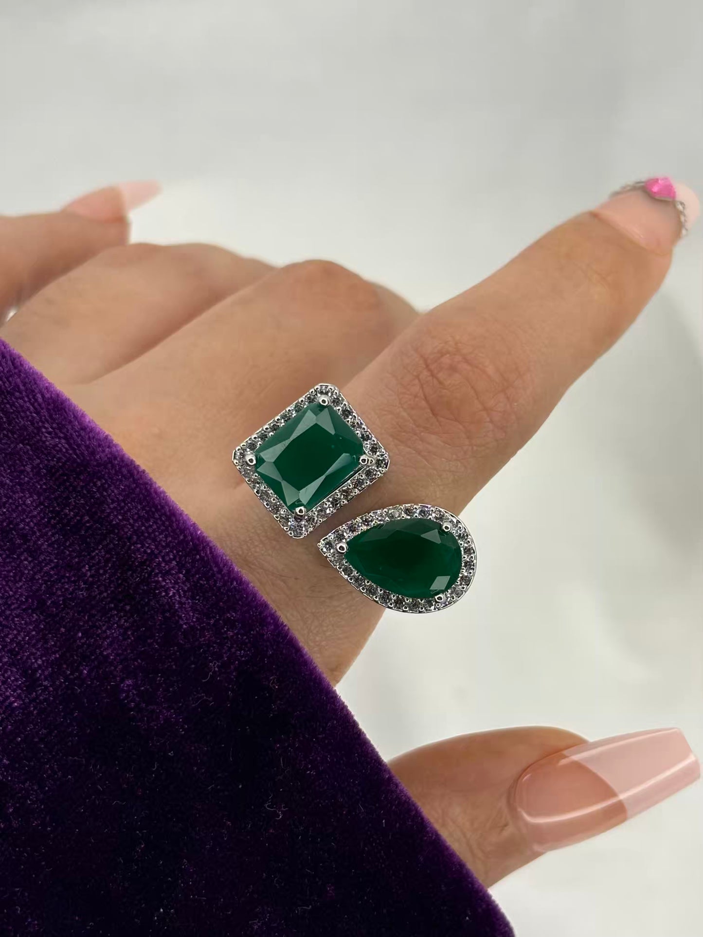 Emerald Green Dual Stone Ring - Adjustable