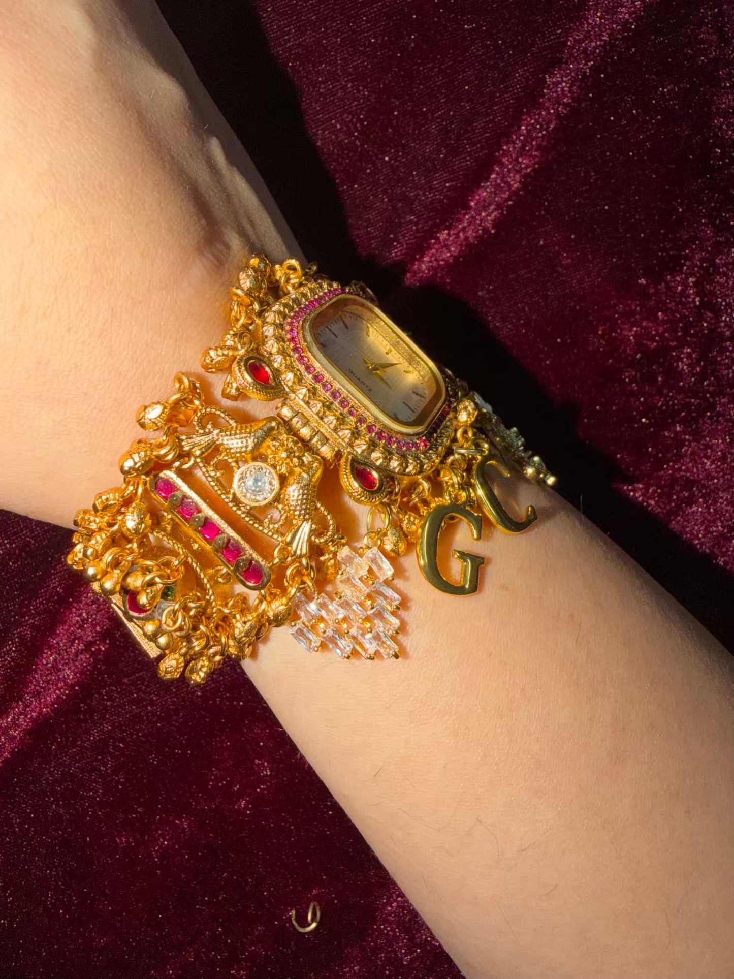 Square Dial Maharani Watch Heritage Bracelet with Butterfly and Heart  Charms