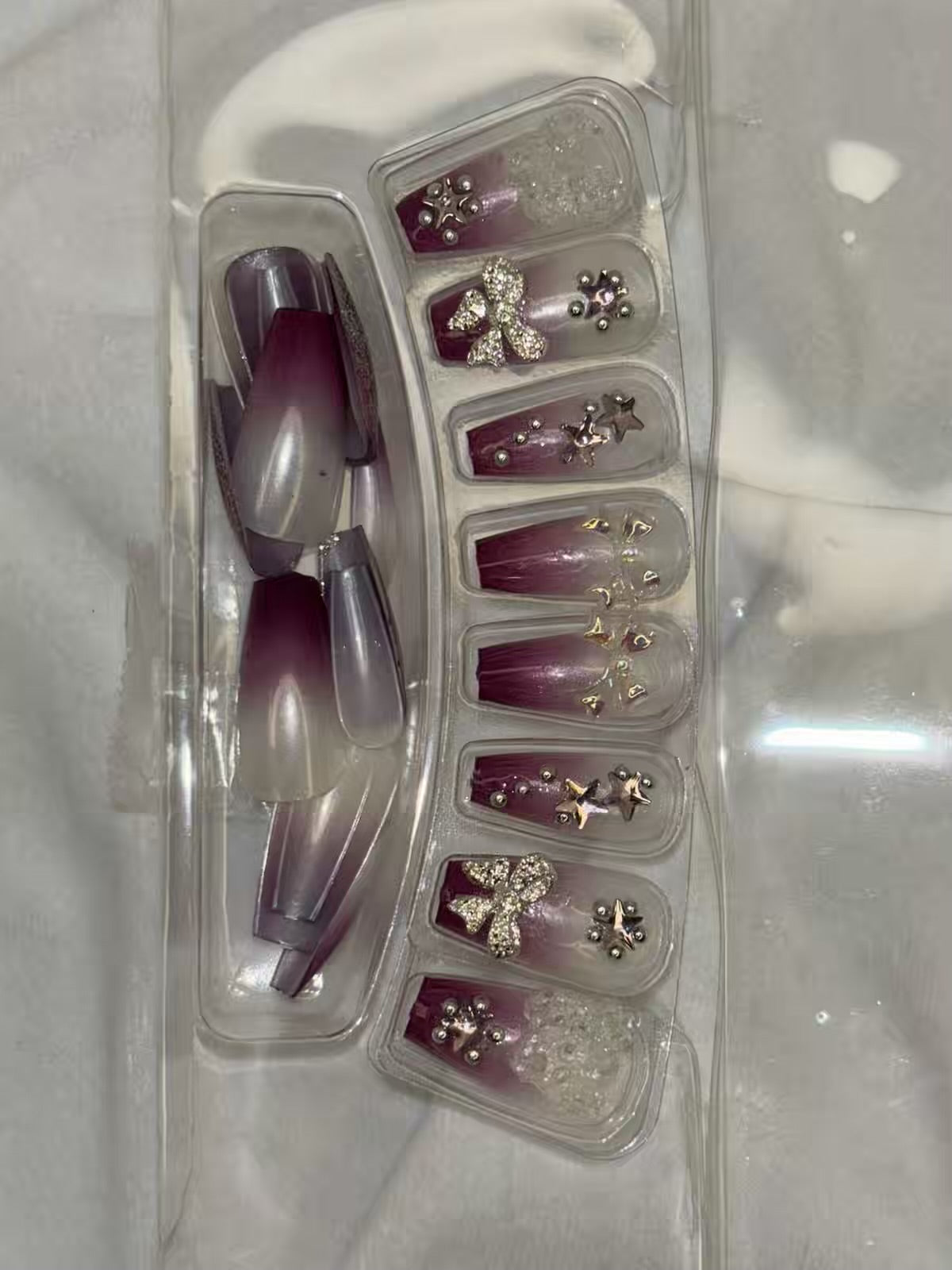 Burgundy Maroon Gradient Bows  Fancy Party Bridal Press On Nails ( Set of 24 )