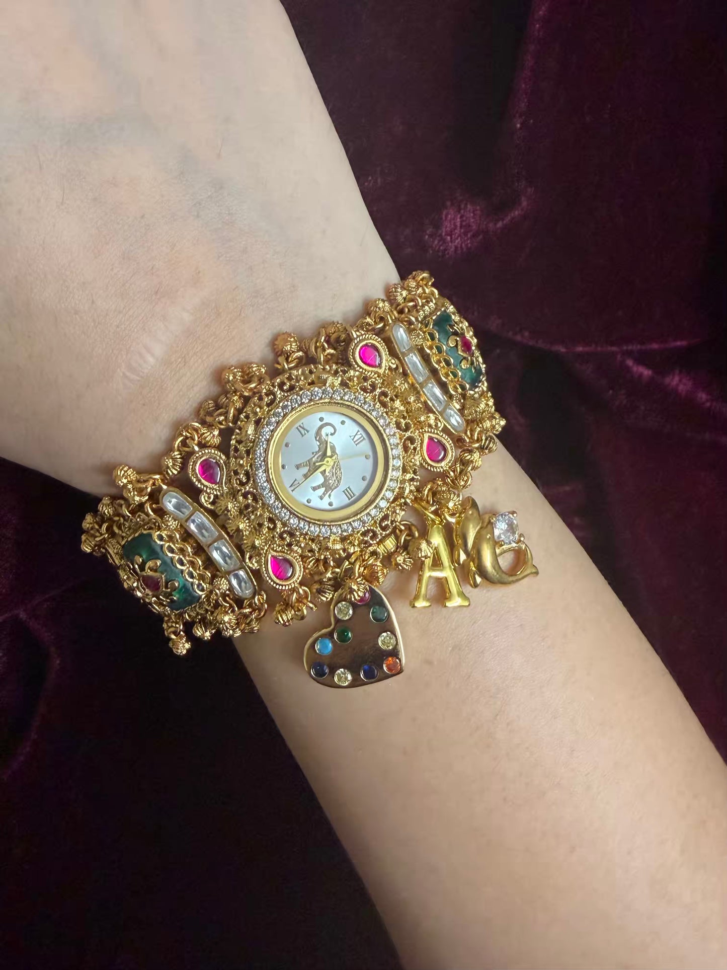 Hearts Elephant Dial Maharani Watch Design Heritage Bracelet (Customise FREE Initial )