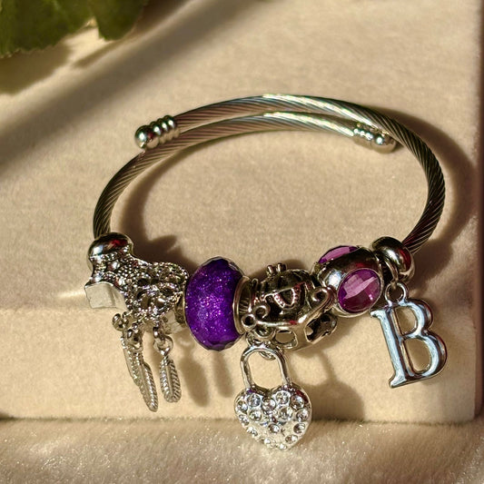 Pandora Style Purple Heart Dreamcatcher Charms Bracelet With Customised Initial ( Silver )