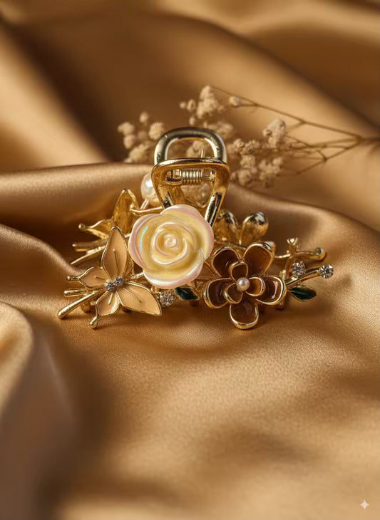 White Brown Rose Premium Claw Clip For Women- Stainless Steel