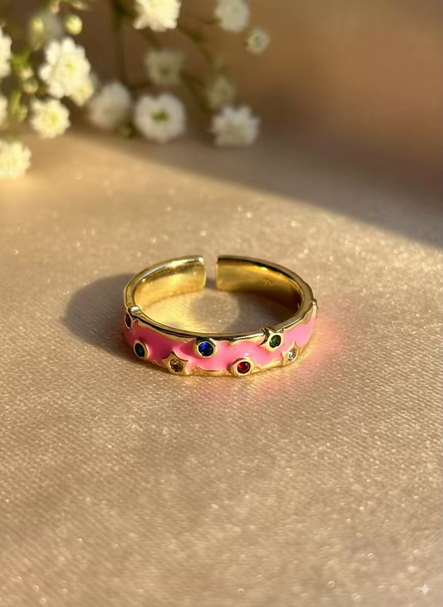 Fuschia Pink Multicoloured Gold Plated Premium Ring (Adjustable)