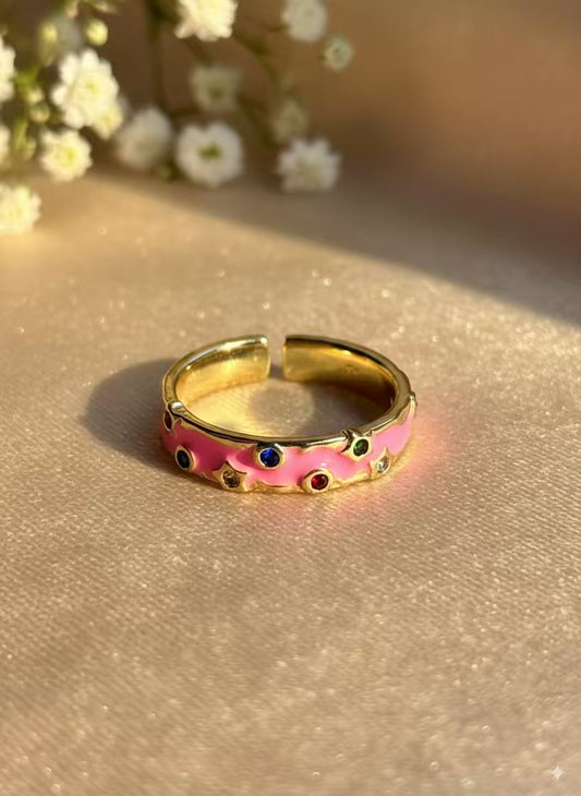 Fuschia Pink Multicoloured Gold Plated Premium Ring (Adjustable)