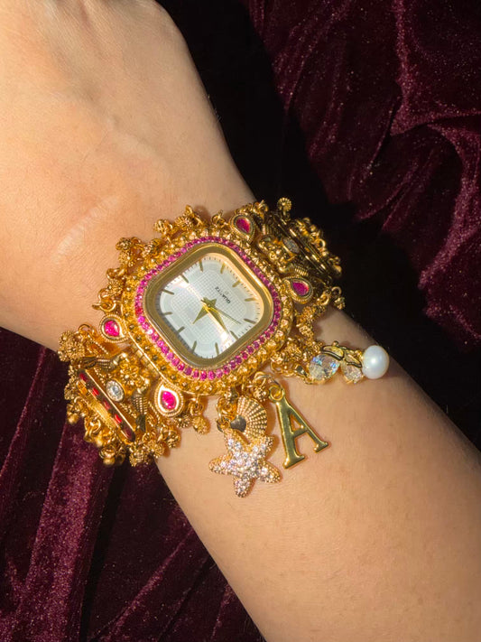 Square Dial Maharani Watch Heritage Bracelet with Charms( Delivery time 10days for Green Dial )
