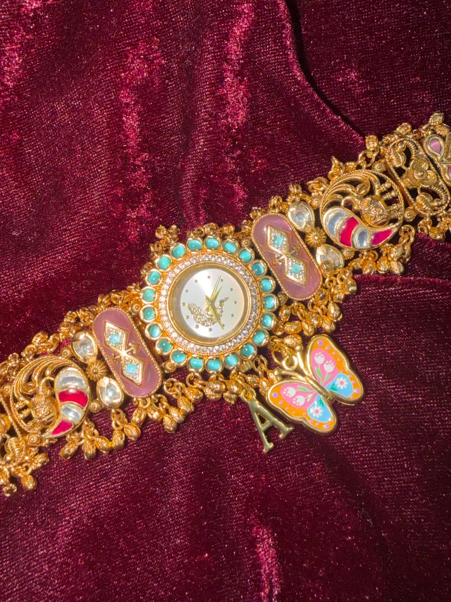 Pink Butterfly Peacock Dial Maharani Watch Heritage Bracelet ( Add your initial FREE )