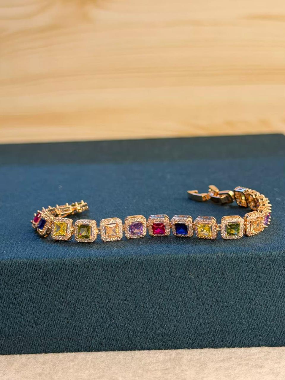 Multicolour Square Shape Stones Rose Gold Plated Tennis Bracelet