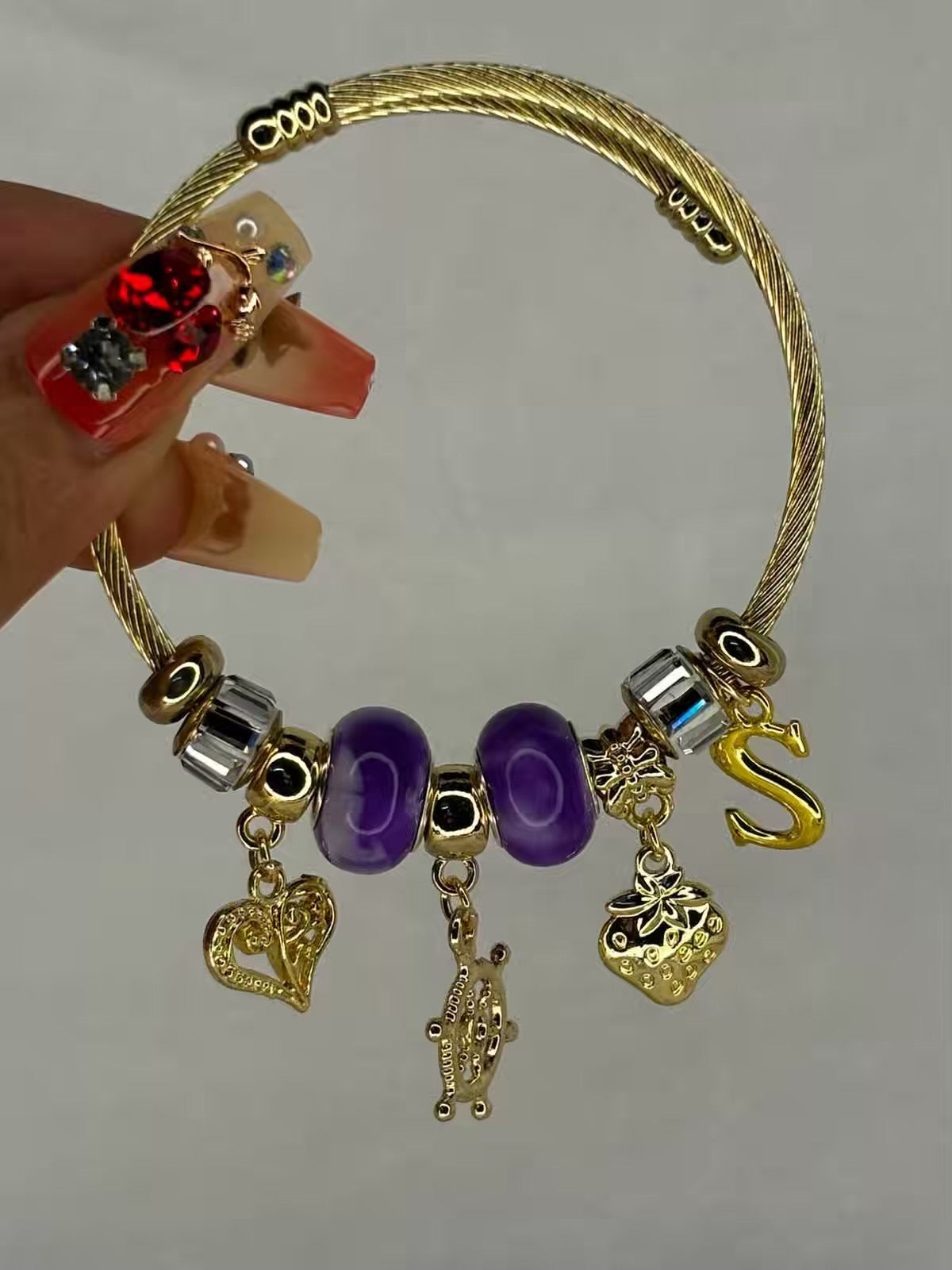 Pandora Charms Purple Heart Bracelet With Customised Initial  ( Gold )