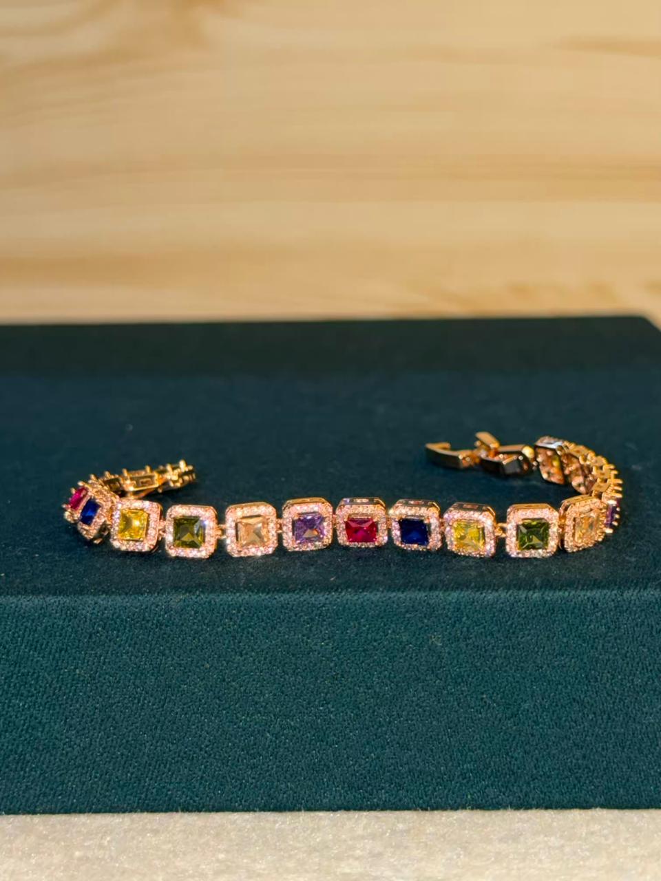 Multicolour Square Shape Stones Rose Gold Plated Tennis Bracelet