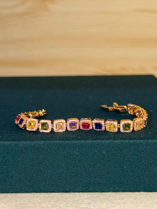 Multicolour Square Shape Stones Rose Gold Plated Tennis Bracelet